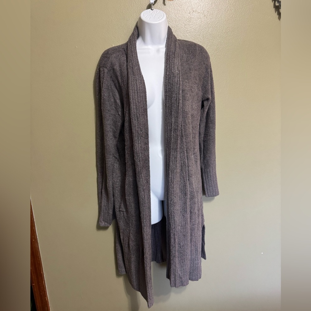Barefoot Dreams CozyChic Lite open cardigan in a neutral ash brown color. Size L